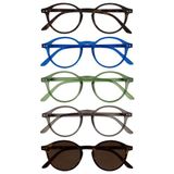 OPULIZE REY Leesbril met Zonnelezer - 5-Pack - Rond Montuur - Matt Bruin, Blauw, Groen, Grijs, Bruin - Heren Dames - Veerscharnieren - RRRRS56-23672 - +1.00