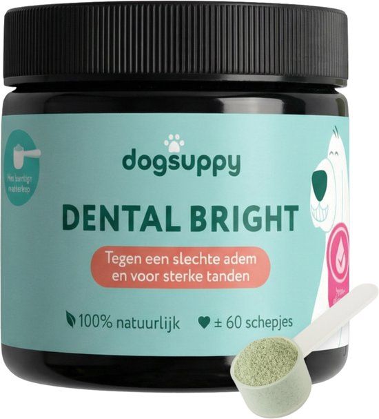 DogSuppy Dental Bright Poeder - Frisse Adem, Schone Gebit & Witte Tanden - Vermindert Tandplak & Tandsteen - 60 schepjes - 100% Natuurlijke ingrediënten Pepermunt, Bruine Algen, Granaatappel & Cichoreiwortel - Alternatief voor Tandpasta & Tandenborstel