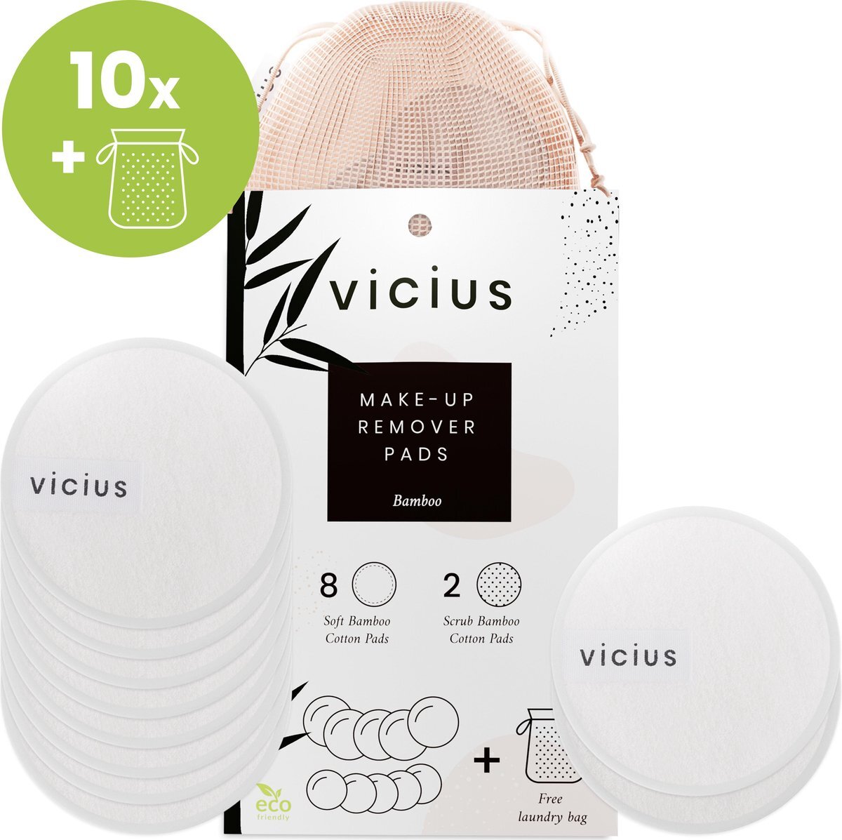 Vicius Vicius® - Wasbare Wattenschijfjes (10 stuks) - 8x Dagelijks + 2x Scrub - Herbruikbare Wattenschijfjes - Make up Remover Pads van Bamboe + waszakje