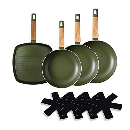 San Ignacio Earth braadpannenset, 3 stuks, 20 cm, 24 cm en 28 cm, 1 grill met 28 cm en 3 beschermhoezen, aluminium, anti-aanbaklaag, ergonomisch hout-effect, groen