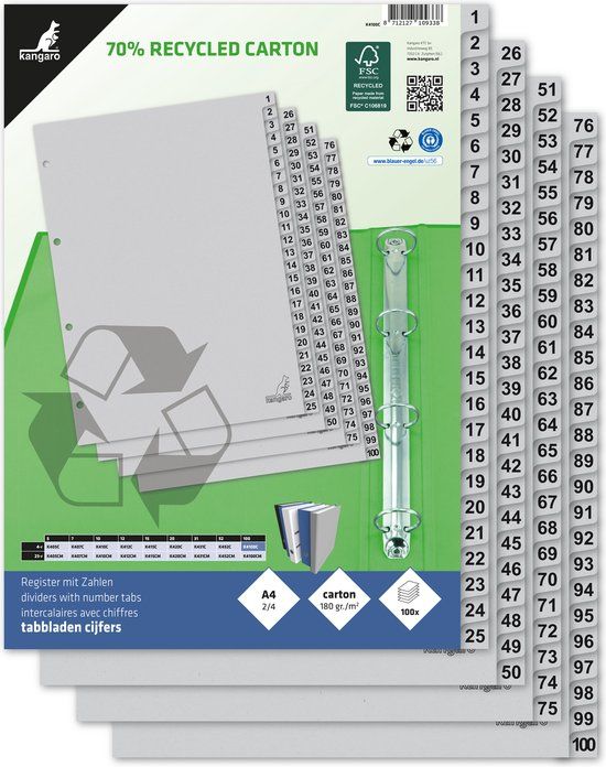 Kangaro tabbladen - A4 - cijfers 100-delig - ECO karton 180 grams - 4-gaats - K4100C
