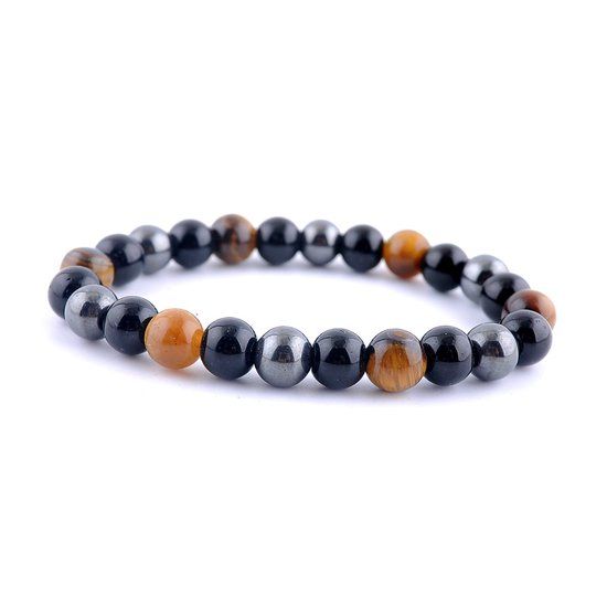 Kralen Armband Natuursteen 8mm Zwart Bruin Grijs - Unisex - 18.5 cm