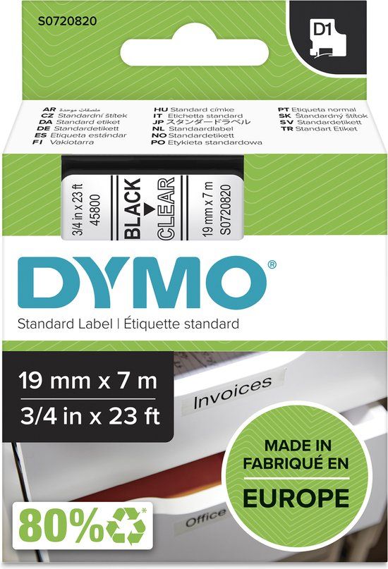 DYMO D1® -Standard Labels - Black on Transparent - 19mm x 7m