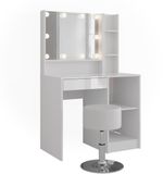 Vicco Kaptafel set met kruk Sherry, Wit/Wit Hoogglans, 89.8 cm met spiegel en kruk