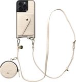 AVY Leren Hoesje geschikt voor Apple iPhone 15 Pro | Met Koord, Wallet en Pouch | Compatibel met MagSafe | Leather Case met 130CM Koord | Long Leather | Croco Beige