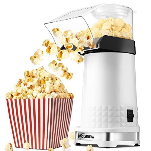 Nictemaw Popcornmachine, 1200 W, hetelucht-popcornmaker, popcornmachine, automatische hetelucht-popcornmachine voor thuis, met maatbeker en afneembaar deksel, wit