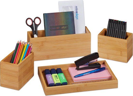 Merkloos Relaxdays bureau organizer, 4 stuks, pennenbak, bamboe opbergbox, pennenhouder, voor buro accessoires, brieven, naturel