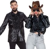 Wilbers & Wilbers Jaren 80 & 90 Kostuum Zwarte Ruchesblouse Satijn Foute Disco Maat 56