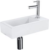 QeramiQ Fuente Fonteinset - 37.5x18.5x9cm - keramiek - kraangat rechts - fonteinkraan chroom - afvoerplug - verlaagd sifon - Mat wit