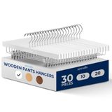 SereneLife Hangers, Houten Broek- & Rokhangers met Clips 30-Pack – Stevige Kleding Organizer voor Jeans, Broeken, Shorts, Rokken, Uniformen – 360° Draaibare Haak, Verstelbare Clips (Wit)
