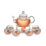 Avilia Theepot van glas 600 ml met theezeef en kaarsenhouder, set van 6 hittebestendige kopjes, ideaal voor losse thee en infusies, elegant cadeau-idee