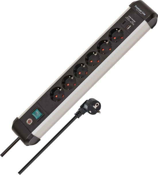 Brennenstuhl Premium-Alu-Line stekkerdoos 6-voudig met USB C PD 30W en USB A 18W van aluminium (Made in Germany, verdeeldoos met 3m kabel en schakelaar, stekkerblok voor wandmontage)