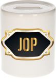 Bellatio Decorations Spaarpot met voornaam Jop - wit - met goud/zwart embleem - 8 x 9 cm - keramiek - met afsluitdop - cadeau verjaardag