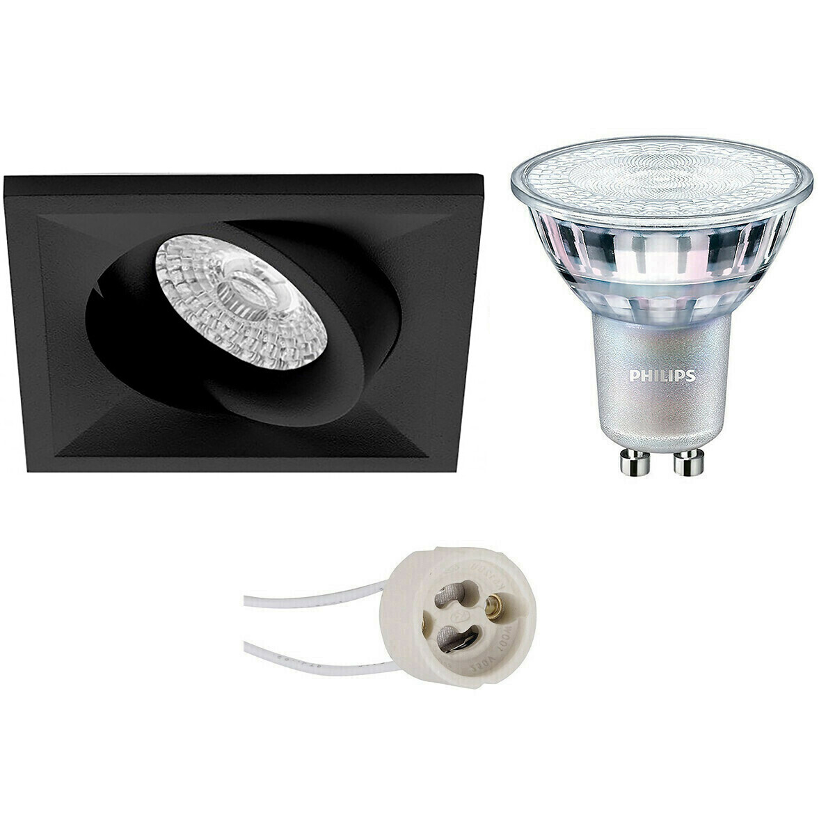 BES LED LED Spot Set - Pragmi Qiundo Pro - GU10 Fitting - Inbouw Vierkant - Mat Zwart - Kantelbaar - 80mm - Philips - MASTER 927 36D VLE - 4.9W - Warm Wit 2200K-2700K - DimTone Dimbaar