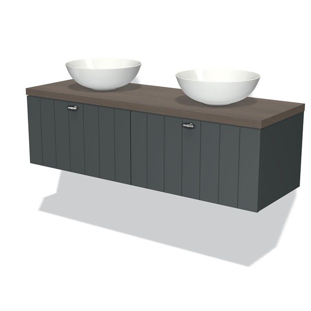 Maxaro Badkamermeubel Modulo Plato 140cm Donkergrijs 2 Lades Lamel Donkerbruin Eiken Blad