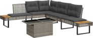 Maison Exclusive - Ensemble de jardin pour deux personnes, composé d'un banc de jardin et d'une chaise de jardin, avec coussins, en polyrotin gris, avec plateau de table en verre