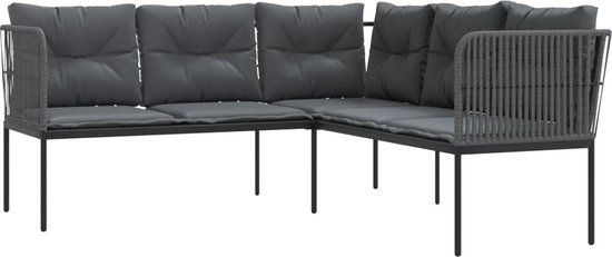 vidaXL L-vormige tuinbank met kussens - staal en textileen - zwart