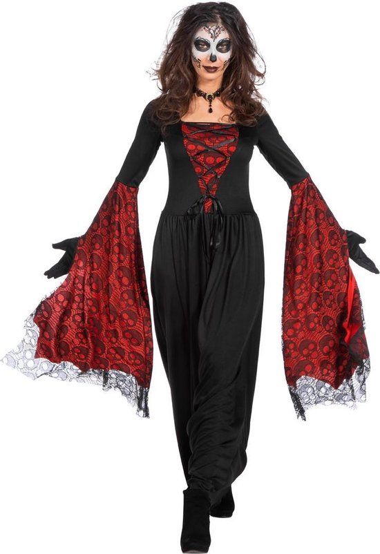 Wilbers Vampier & Dracula Kostuum Vleermuisjurk Cruella De Los Muertos Vrouw - Maat 42-44 - Halloween