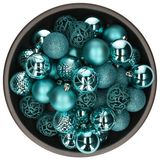 Bellatio Decorations 37x stuks kunststof/plastic kerstballen turquoise blauw 6 cm mix - Onbreekbaar - Kerstboomversiering/kerstversiering