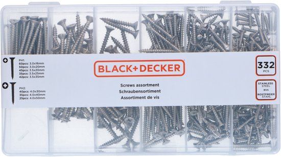 BLACK+DECKER Schroeven Assortiment - 332 Stuks - Houtschroeven - RVS - Cilinderkop