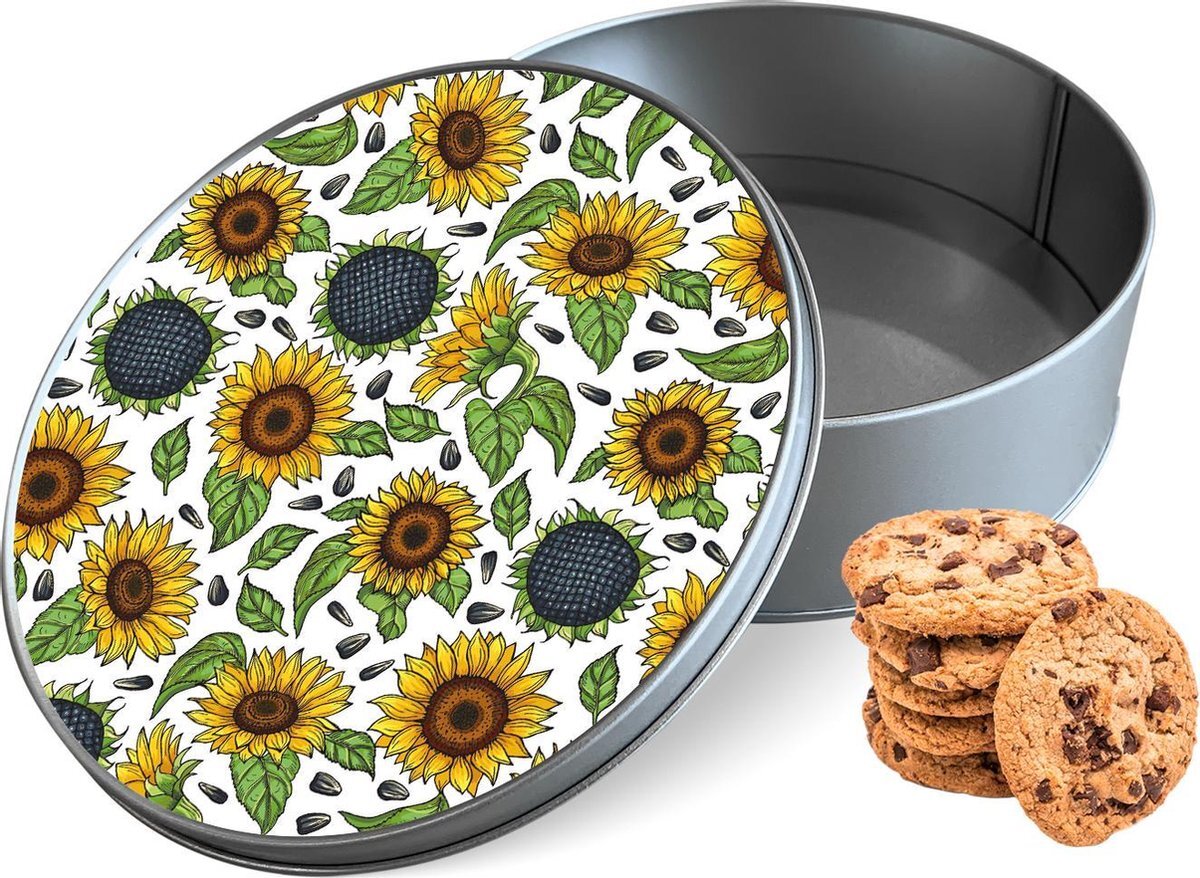 qMust Koektrommel Sunflowers Rond - Bewaarblik 15x15x5 cm