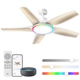 DREO Slimme plafondventilator met laag profiel met licht 132 cm, dimbare led met instelbare kleurtemperatuur, RGB-sfeerverlichting, stille DC-motor, eenvoudige installatie, wit, APP
