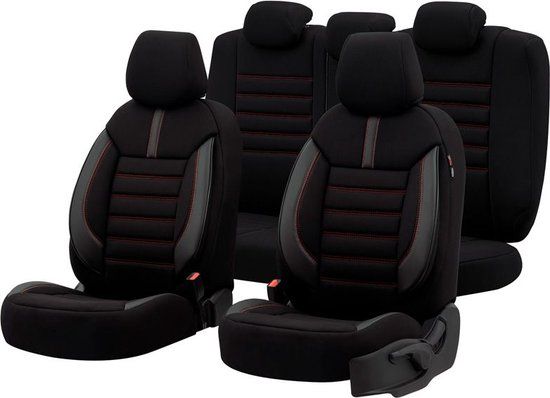 Stoelhoezenset 'Limited' Zwart + Rode stiksels - 11-delig - Leer - Universeel