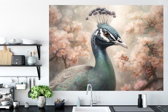 StickerSnake Muursticker - Pauw Vogels Bloemen Boom Botanisch - 160x120 cm
