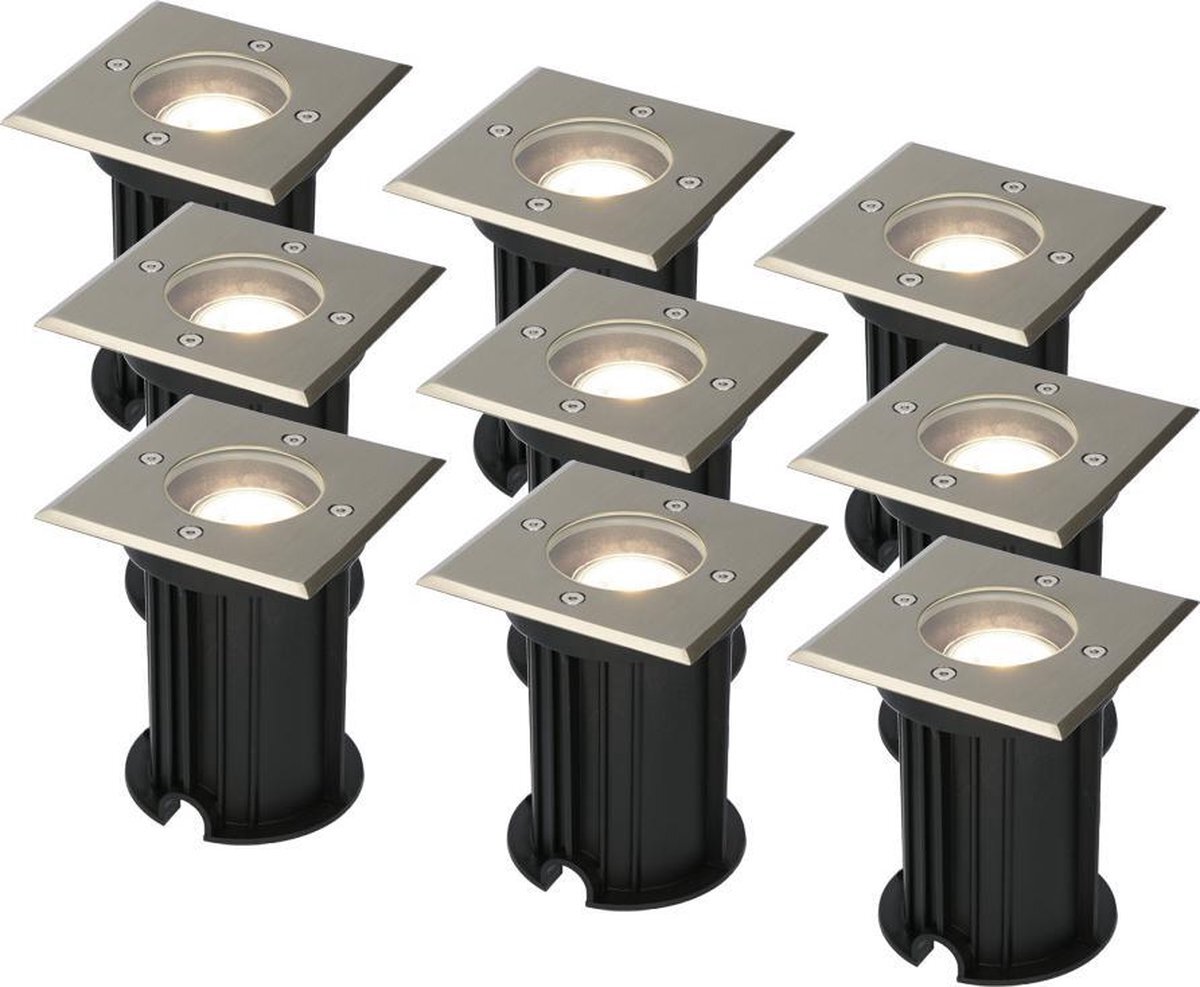 HOFTRONIC 9x Ramsay - Grondspot - RVS - IP67 waterdicht - 4000K Neutraal wit - Dimbaar - Verwisselbare GU10 - Vierkant - ook geschikt als padverlichting en vlonderverlichting