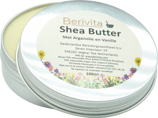 Berivita Shea Butter Puur + Arganolie en Vanille - 100ml Blik 100% natuurlijk zacht & puur. Makkelijk smeerbaar en frisse vanille geur