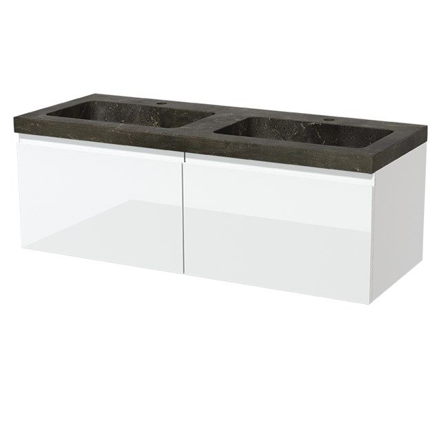 Maxaro Badkamermeubel 120cm Modulo Hoogglans Wit 2 Lades Greeploos Wastafel Natuursteen Blue Stone