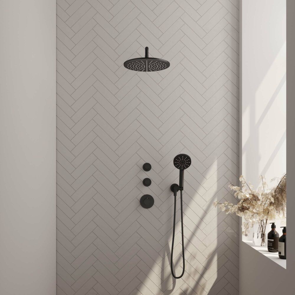 Brauer Black Carving thermostatische inbouw regendoucheset 40cm gebogen wandarm met 30cm ronde hoofddouche 3 standen ronde handdouche Zwart mat