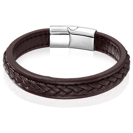 LGT JWLS LGT Jewels Heren Armband Bruin Leer Gevlochten Edelstaal Sluiting-21cm