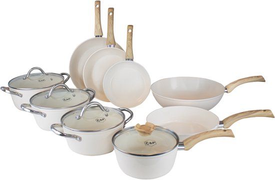 Cook and Pan Cook & Pan - Pannenset 9-delig - PFAS vrij - Inductie Keramisch - Non stick - 7 jaar garantie - Crème