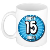 Bellatio Decorations Verjaardag cadeau mok 15 jaar - blauw - wiel - 300 ml - keramiek
