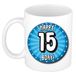 Bellatio Decorations Verjaardag cadeau mok 15 jaar - blauw - wiel - 300 ml - keramiek
