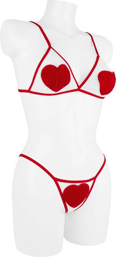 Triple A Import GmbH Lingeriesetje met hartjesapplicatie | triangel-bh & string | transparant mesh lingerie | valentijnslingerie | romantisch lingeriesetje | Rood | One size