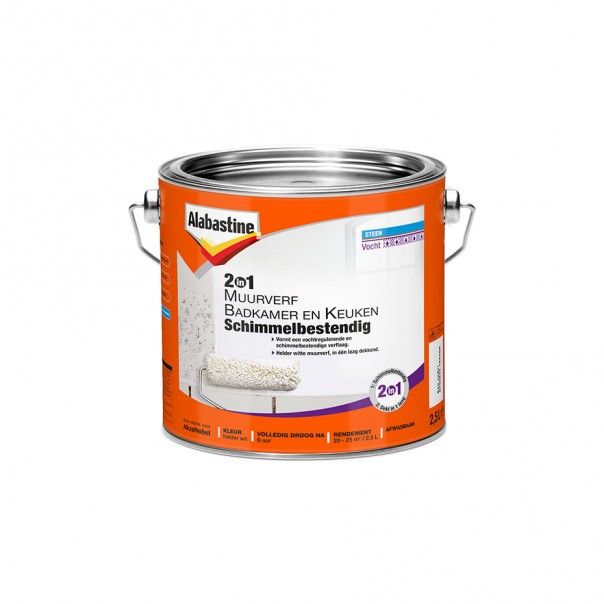 Alabastine 2 in 1 Muurverf Badkamer & Keuken - Wit - 2.5L