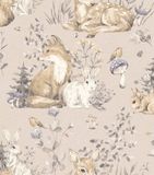 Me&miniMe Behang - Kinderkamer – Bosdieren - Beige- Bruin - Paars - Babykamer - Kinderbehang – Dieren - Hert - Vos - Konijn - 0,53 x 10,05 M