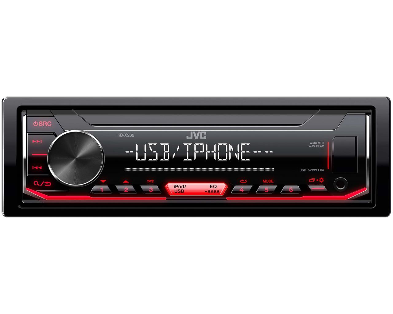 JVC KD-X262 1DIN Mechless USB autoradio. Geschikt voor iPod/iPhone. USB 2.0 poort en AUX-ingang vooraan