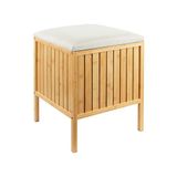 Relaxdays wasmand met zitfunctie, bamboe, gepolsterde deksel, 52x39x39 cm, natuur/crème