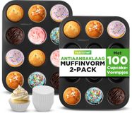 NutriChef Muffinvormen– 2-Pack, Antiaanbak 12-Vorm Cupcake Blik - Stapelbare Muffin Bakplaten van Koolstofstaal - Inclusief 100 Bakpapiertjes