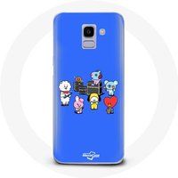 Maniacase Samsung Galaxy A6 2018 BTS BT21 Tata Chimmy Cooky Rj Koya Shooky en Mang Speel muziek Blauwe achtergrond