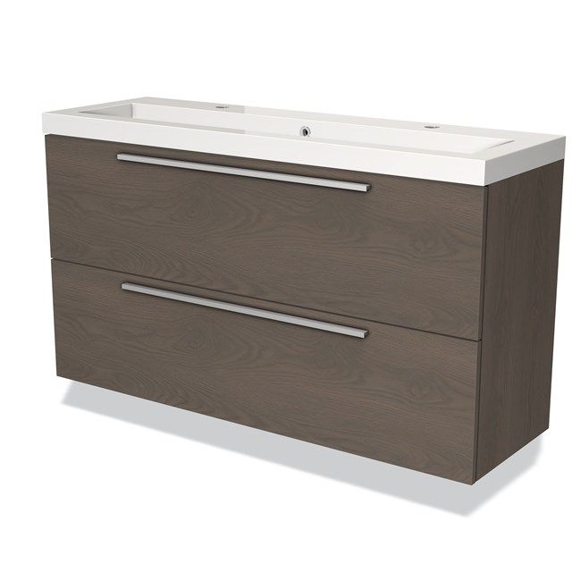 Maxaro Badkamermeubel 120cm Modulo Slim Donkerbruin Eiken 2 Lades Vlak Wastafel Mineraalmarmer