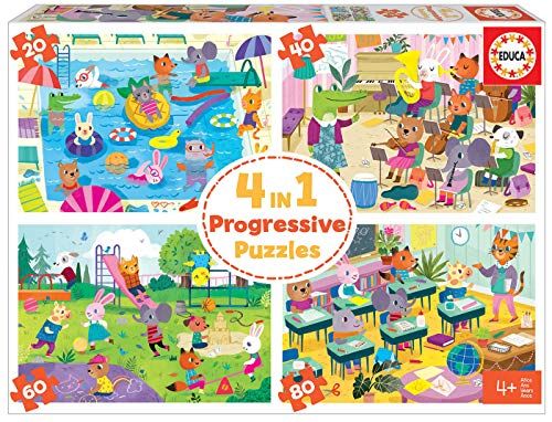 Educa 18904 4-in-1 Een dag op school – Progressieve puzzels voor kinderen, 20, 40, 60 en 80 delen, vanaf 4 jaar, meerkleurig