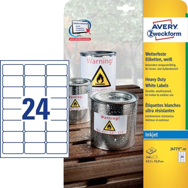 Avery J4773-10 Printeretiketten - wit - polyester - inkjet-technologie