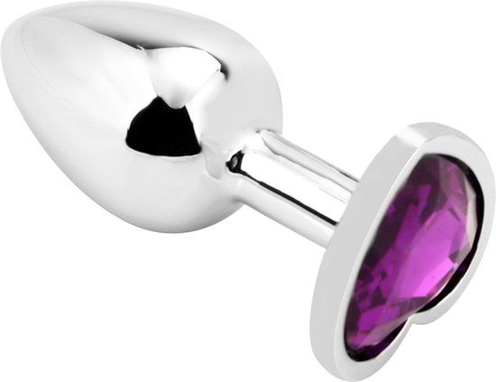 PLGZ - Hartvormige Metalen Buttplug - Zilver - Paarse Siersteen - Large