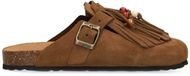 Manfield - Dames - Bruine suède clogs met franjes - Maat 37