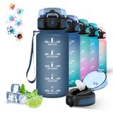 Drinkfles, kinderfles, 0,5 liter drinkfles met tijdschaal, gemakkelijk te reinigen, drinkfles met rietje, motiverende drinkfles, drinkflessen voor school, kantoor, reizen, marineblauw