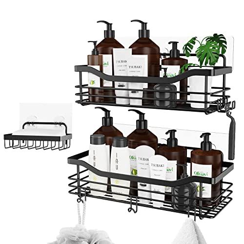 Orimade SUS304 Douchemand, wandplank, badkamer, zeepmand met 5 haken, badkamer, douchemand, badkamerrek, zelfklevend, zonder boren, roestvrij staal, 3 stuks, zwart